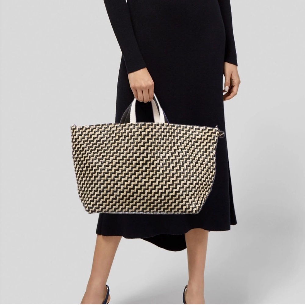 • Clare V • Bateau Woven Leather Tote Black and Cream Zig Zag - Picture 2 of 12